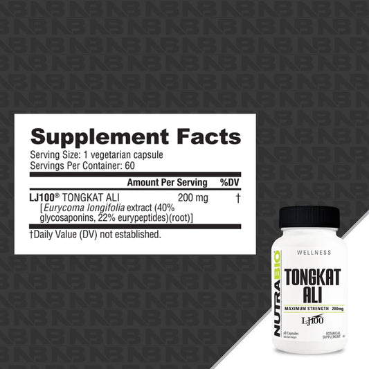 NutraBio Tongkat Ali Hormone Support Capsules 60 Servings Supplement Facts - LJ100® Tongkat Ali 200mg | Svpplements