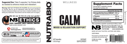 NutraBio Calm Stress Support Capsules 30 Servings Supplement Facts - KSM-66® Ashwagandha 600mg | Svpplements