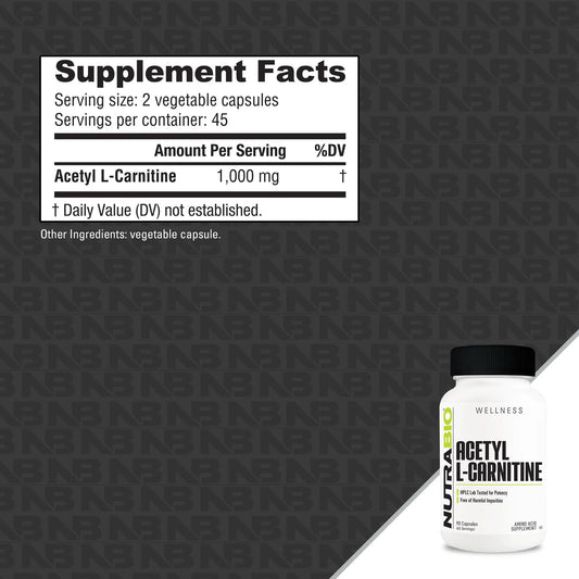 NutraBio Acetyl-L-Carnitine Nootropic Capsules 45 Servings Supplement Facts - Acetyl-L-Carnitine 1000mg | Svpplements