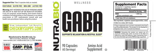 NutraBio GABA Sleep Support Capsules 45 Servings Supplement Facts - GABA 1000mg | Svpplements