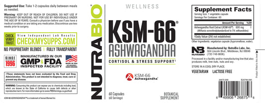NutraBio KSM-66 Ashwagandha Capsules 60 Servings Supplement Facts - KSM-66 Ashwagandha Root Extract 600mg | Svpplements