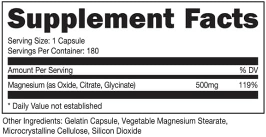 Bucked Up Magnesium Complex Capsules 180 Servings Supplement Facts - Magnesium 500mg | Svpplements