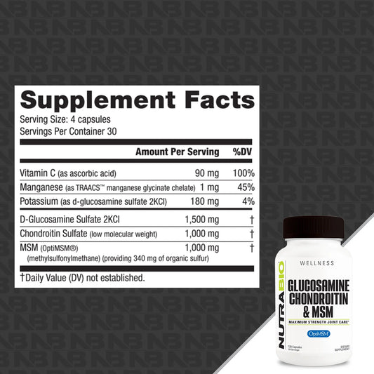 NutraBio Glucosamine Chondroitin MSM Joint Support Capsules 30 Servings Supplement Facts - D-Glucosamine | Svpplements