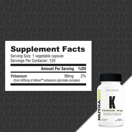 NutraBio Potassium Glycinate Mineral Supplement Capsules 120 Servings Supplement Facts - Potassium Glycinate | Svpplements