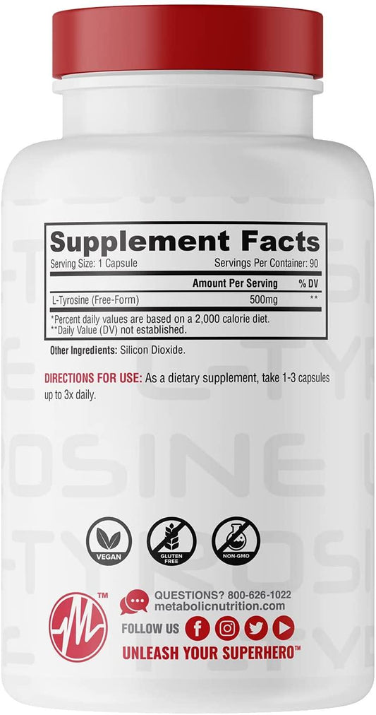 Metabolic Nutrition L-Tyrosine 500mg Capsules 90 Servings Supplement Facts - L-Tyrosine 500mg | Svpplements