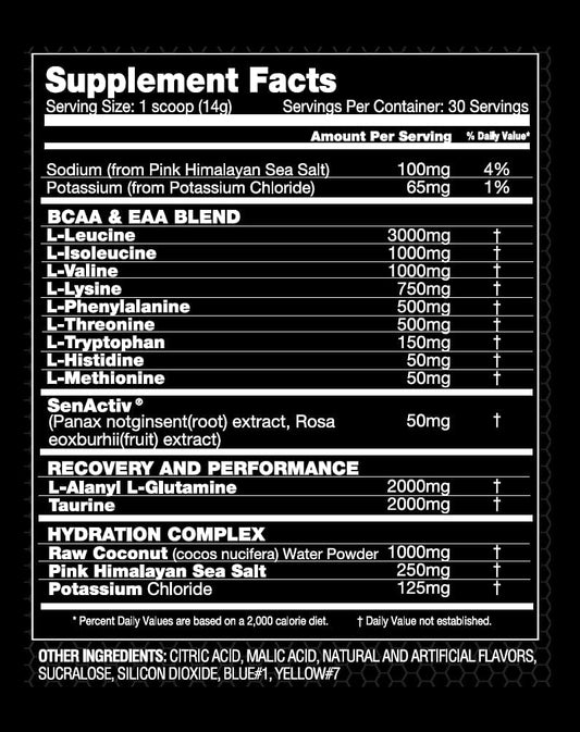 Performax E Amino Essential Amino Acid Powder 30 Servings Supplement Facts - L-Leucine 3000mg | Svpplements