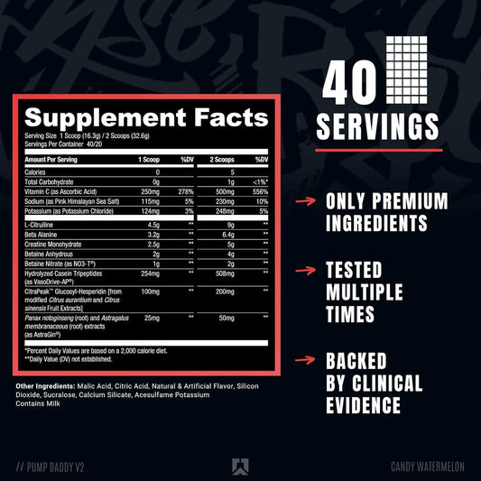 RYSE Pump Daddy V2 Stim-Free Pre-Workout Powder 40 Servings Supplement Facts - L-Citrulline 9,000mg | Svpplements