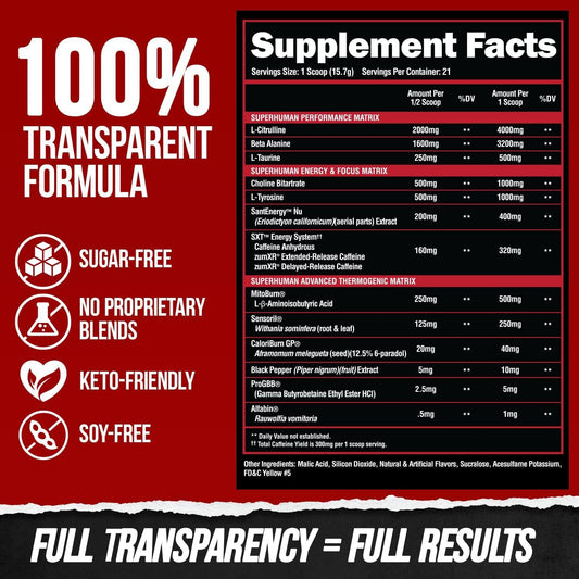 Alpha Lion Superhuman Burn Thermogenic Pre-Workout Powder 21 Servings Supplement Facts - L-Citrulline 4000mg | Svpplements