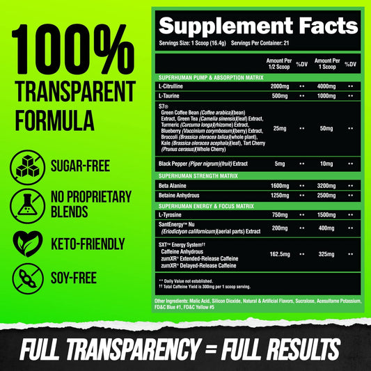 Alpha Lion SuperHuman Pre Pre-Workout Powder 21 Servings Supplement Facts - L-Citrulline 4000mg | Svpplements