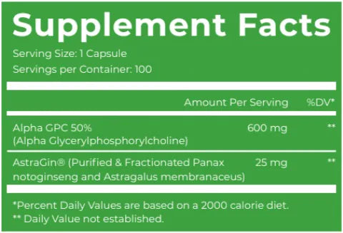 Dark Labs Alpha GPC Brain Support Capsules 100 Servings Supplement Facts - Alpha GPC 50% 600mg raw material | Svpplements