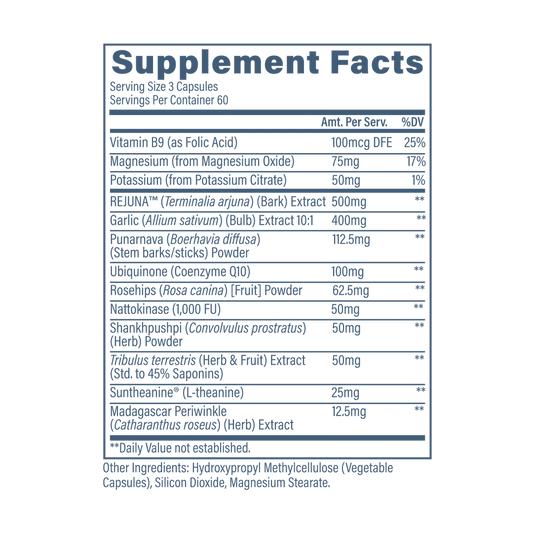 Revive Blood Pressure Cardiovascular Support Supplement 60 Servings Supplement Facts - REJUNA™ Terminalia | Svpplements