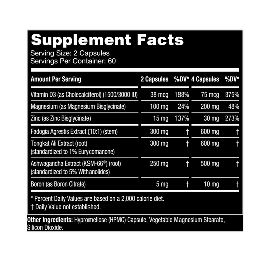 Gorilla Mind Sigma Hormone Support Capsules 60 Servings Supplement Facts - Vitamin D3 38 mcg (1,500 IU) | Svpplements