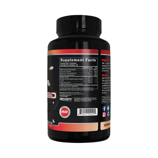 Gorilla Mind Lock & Load Male Hormone Support Capsules 30 Servings Supplement Facts - Nitrosigine® 1500mg | Svpplements