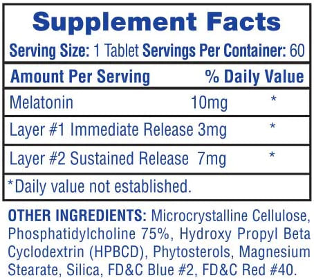 Hi-Tech Melatonin Sleep Supplement Tablets 60 Servings Supplement Facts - Melatonin 10mg total (3mg immediate | Svpplements