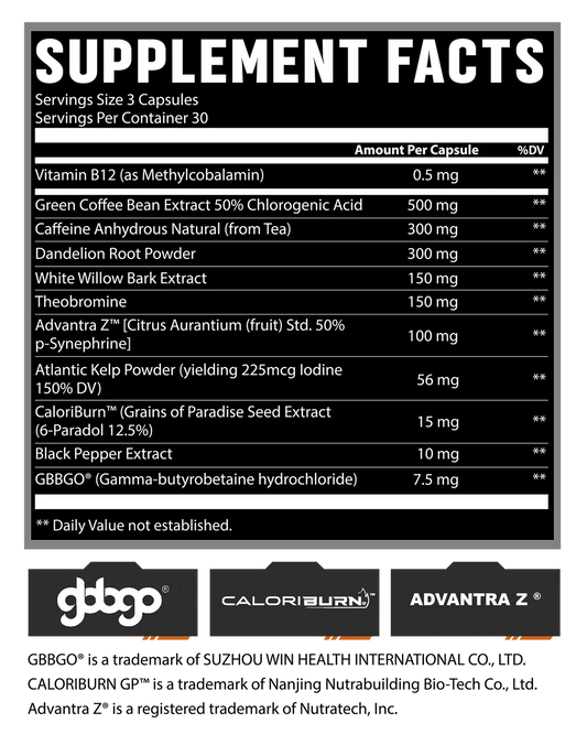 Klout Fat Burner Capsules 30 Servings Supplement Facts - Caffeine Anhydrous Natural (from Tea) 300mg | Svpplements