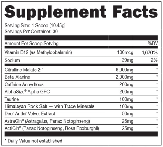 Bucked Up Pre-Workout Powder 30 Servings Supplement Facts - Citrulline Malate 6000mg | Svpplements
