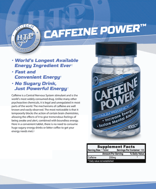 Hi-Tech Pharmaceuticals Caffeine Power Caffeine Tablets 100 Servings Supplement Facts - Caffeine 200mg | Svpplements