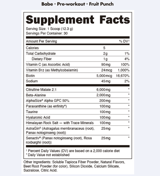 Bucked Up Babe Pre-Workout Powder 30 Servings Supplement Facts - Citrulline Malate 6000mg | Svpplements