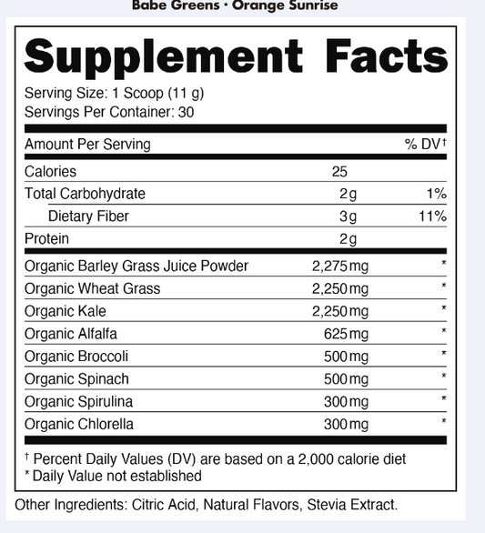 Bucked Up Babe Organic Greens Powder 30 Servings Supplement Facts - Barley Grass 2275mg | Svpplements