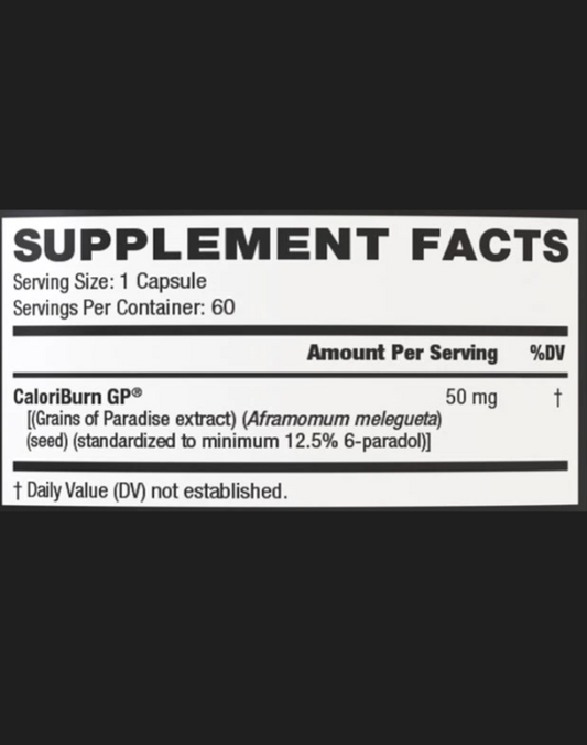 Unbound Grains of Paradise Fat Burner Capsules 60 Servings Supplement Facts - CaloriBurn GP® 50mg | Svpplements