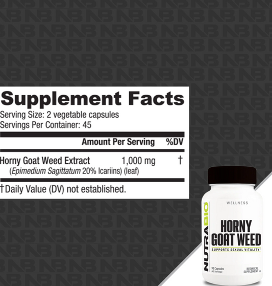 NutraBio Horny Goat Weed Herbal Supplement Capsules 60 Servings Supplement Facts - Horny Goat Weed extract | Svpplements