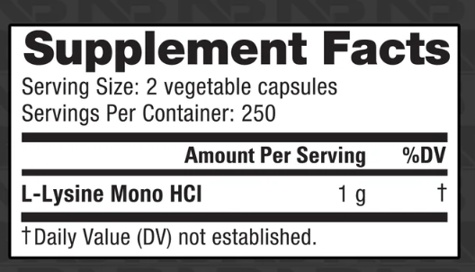 NutraBio L-Lysine HCl Amino Powder 500 Servings Supplement Facts - L-Lysine HCl 1 g | Svpplements