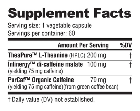 NutraBio Caff+ Energy Supplement Capsules 60 Servings Supplement Facts - TheaPure™ L-Theanine 200mg | Svpplements