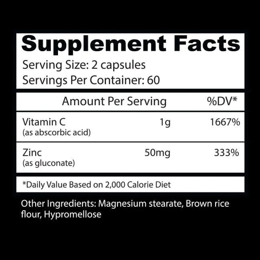 Insane Labz Vitamin C Zinc Supplement Capsules 60 Servings Supplement Facts - Vitamin C 1,000mg | Svpplements