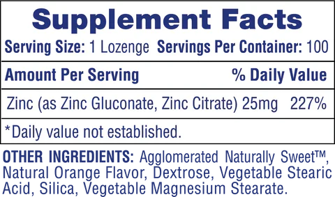 Hi-Tech Zinc Lozenges Immune Support Lozenges 100 Servings Supplement Facts - Zinc 25 mg | Svpplements