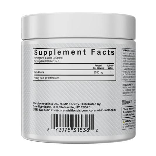 Core Nutritionals Beta-Alanine Endurance Powder 62.5 Servings Supplement Facts - Beta-Alanine 3200mg | Svpplements