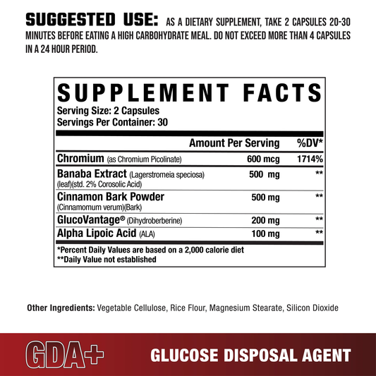 Axe & Sledge GDA+ Glucose Disposal Supplement Capsules 30 Servings Supplement Facts - GlucoVantage® 200mg | Svpplements