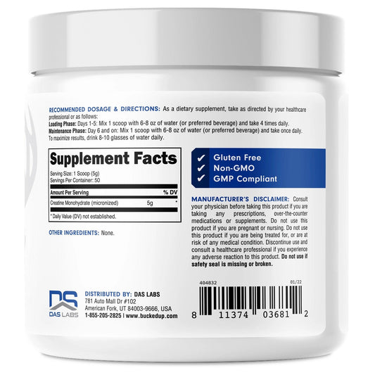 Bucked Up Creatine Monohydrate Powder 50 Servings Supplement Facts - Creatine Monohydrate (micronized) 5g | Svpplements