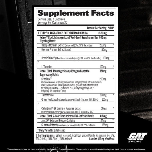 GAT Sport Fat Burner Capsules 30 Servings Supplement Facts - zümXR® Extended Release Caffeine 144mg | Svpplements