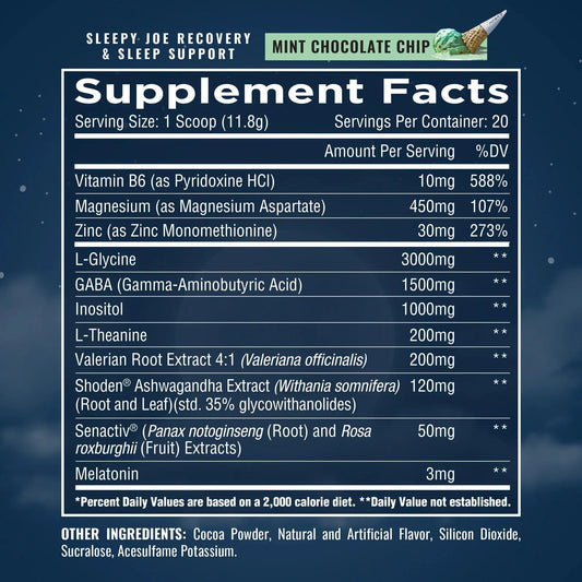Merica Labz Sleepy Joe Sleep Supplement Powder 20 Servings Supplement Facts - L-Glycine 3000mg | Svpplements
