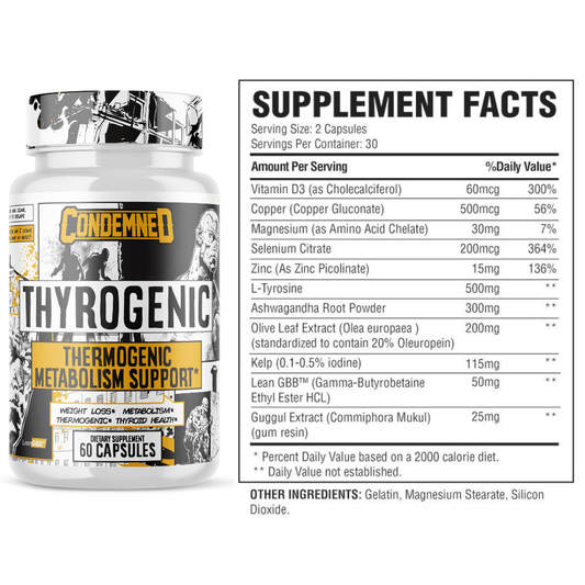 Condemned Labz Thyrogenic Therm Thyroid Support Capsules 30 Servings Supplement Facts - Selenium 200mcg | Svpplements