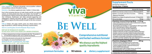 Viva Be Well Daily Wellness & Immune Support Tablets 30 Servings Supplement Facts - Vitamin C 1500mg | Svpplements