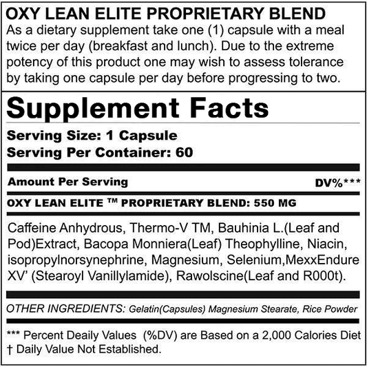 Oxy Lean Elite Fat Burner Capsules 60 Servings Supplement Facts - Caffeine Anhydrous Undisclosed | Svpplements