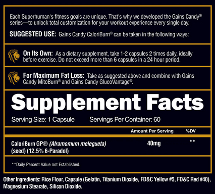 Alpha Lion Gains Candy Damage Control Fat Loss Stack Stack 60 Servings Supplement Facts - CaloriBurn GP® 40mg | Svpplements