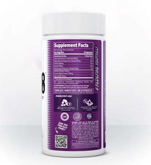 Finaflex PRE-HYDR8 Hydration Electrolyte Capsules 30 Servings Supplement Facts - Sodium 379mg | Svpplements