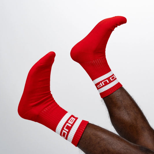 Bucked Up Crew Socks 3-Pack Accessory 3 Count Red White Black Supplement Facts - 3-pack in red, white, black | Svpplements
