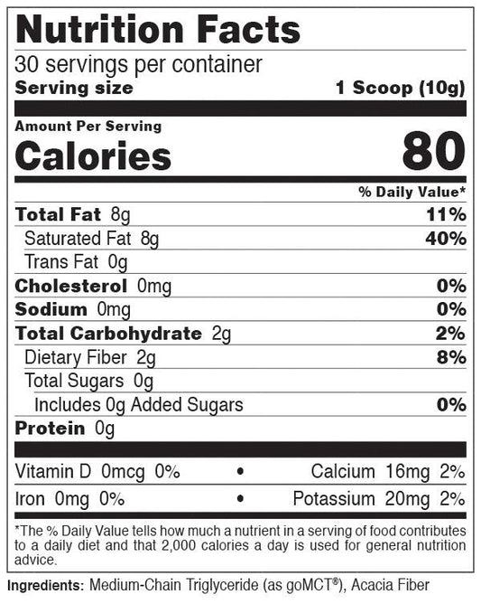 Bucked Up MCT Oil Powder Stim-Free Powder 30 Servings Supplement Facts - Medium-Chain Triglyceride 8000mg | Svpplements