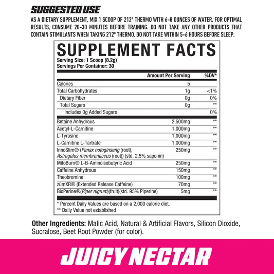 Thermo 212 Fat Burner Capsules 30 Servings Supplement Facts - Betaine Anhydrous 2500mg | Svpplements
