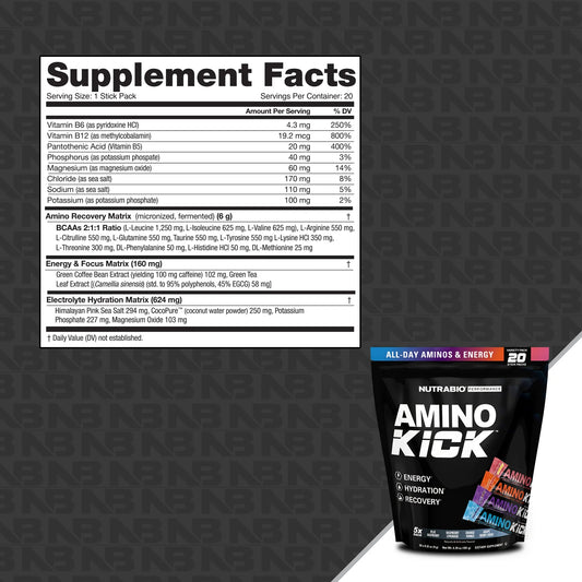 NutraBio Amino Kick Stick Pack Bag Amino Acid Supplement Stick Packs 20 Servings Supplement Facts - BCAAs | Svpplements