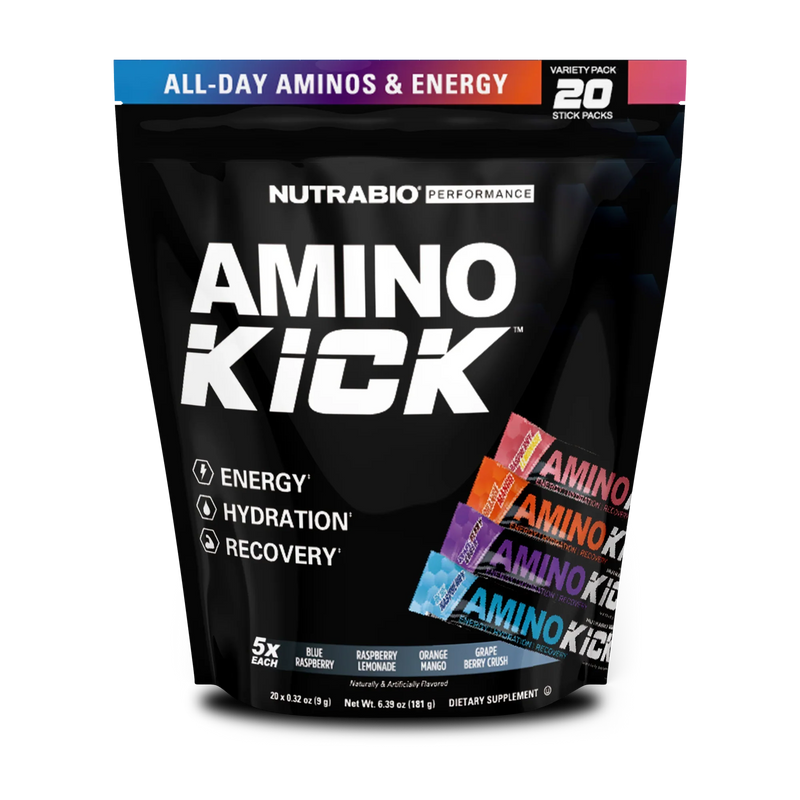 NutraBio Amino Kick Stick Pack Bag Amino Acid Supplement Stick Packs 20 Servings - BCAAs 2:1:1 ratio 2500mg | Svpplements