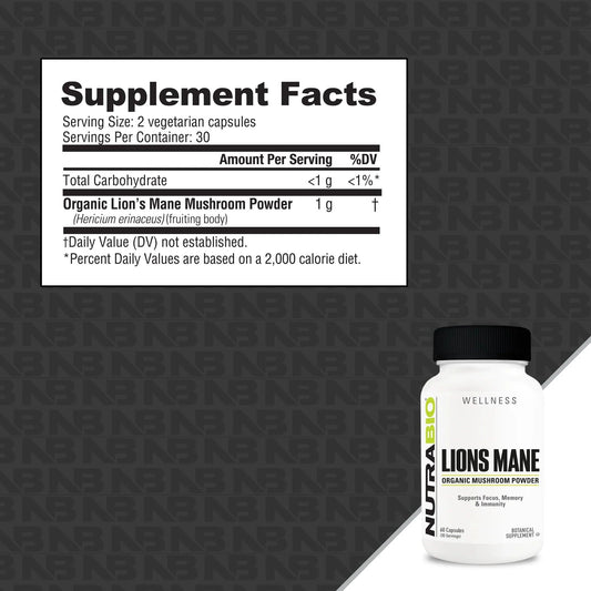 NutraBio Lion's Mane Nootropic Supplement 30 Servings Supplement Facts - Organic Lion's Mane Mushroom Powder 1g | Svpplements