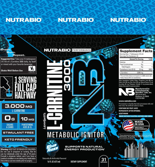 NutraBio L-Carnitine 3000 Liquid Supplement 31 Servings Supplement Facts - L-Carnitine 3000mg | Svpplements