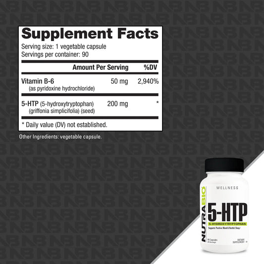 NutraBio 5-HTP Mood & Sleep Support Capsules 90 Servings Supplement Facts - 5-HTP 200mg | Svpplements