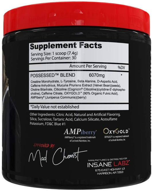 Insane Labz Possessed Pre-Workout Powder Gummy Worm 30 Servings Supplement Facts - Creatine Monohydrate | Svpplements