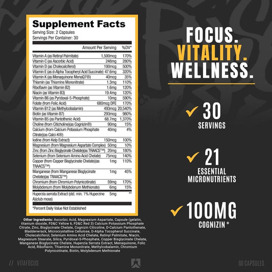 RYSE VitaFocus Multivitamin Capsules 30 Servings Supplement Facts - Cognizin® Citicoline 100mg providing 30mg | Svpplements