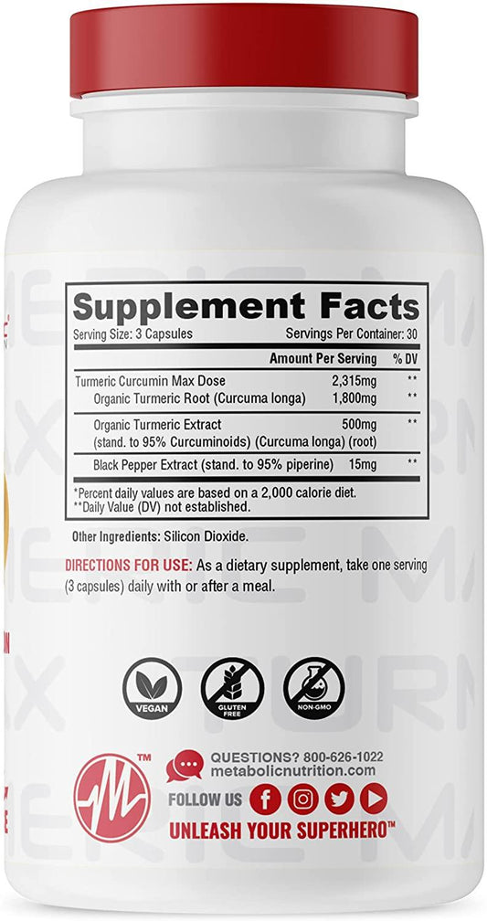 Metabolic Nutrition Turmeric Curcumin Supplement Capsules 30 Servings Supplement Facts - Organic Turmeric | Svpplements